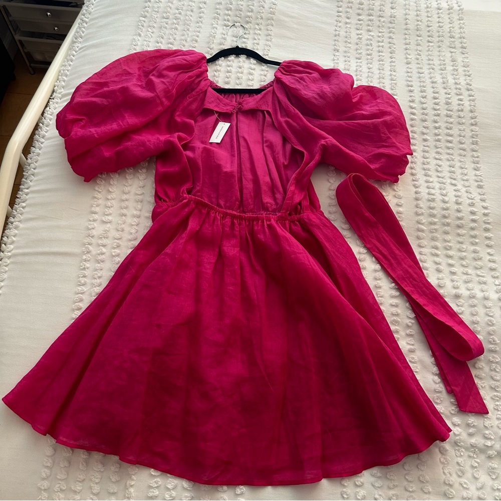 Banana Republic Pink Puff Sleeve Open Back Mini Dress Ramie Size M NWT - Picture 7 of 15